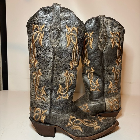 Tanner Mark Women’s Cowboy Boots Fleur-De-Lis Embroidered Crackle Sz 8 Made USA - Picture 5 of 10
